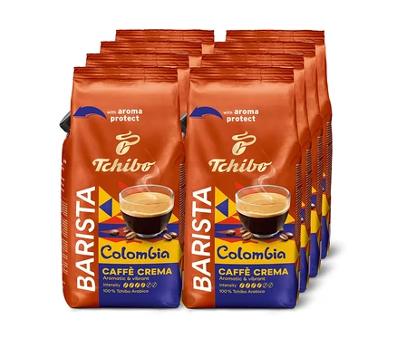 Několik balení zrnkové kávy Tchibo Barista Colombia Caffè Crema.