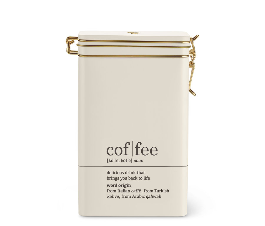 Krémová dóza na kávu s nápisem coffee dictionary a zlatým uzávěrem.