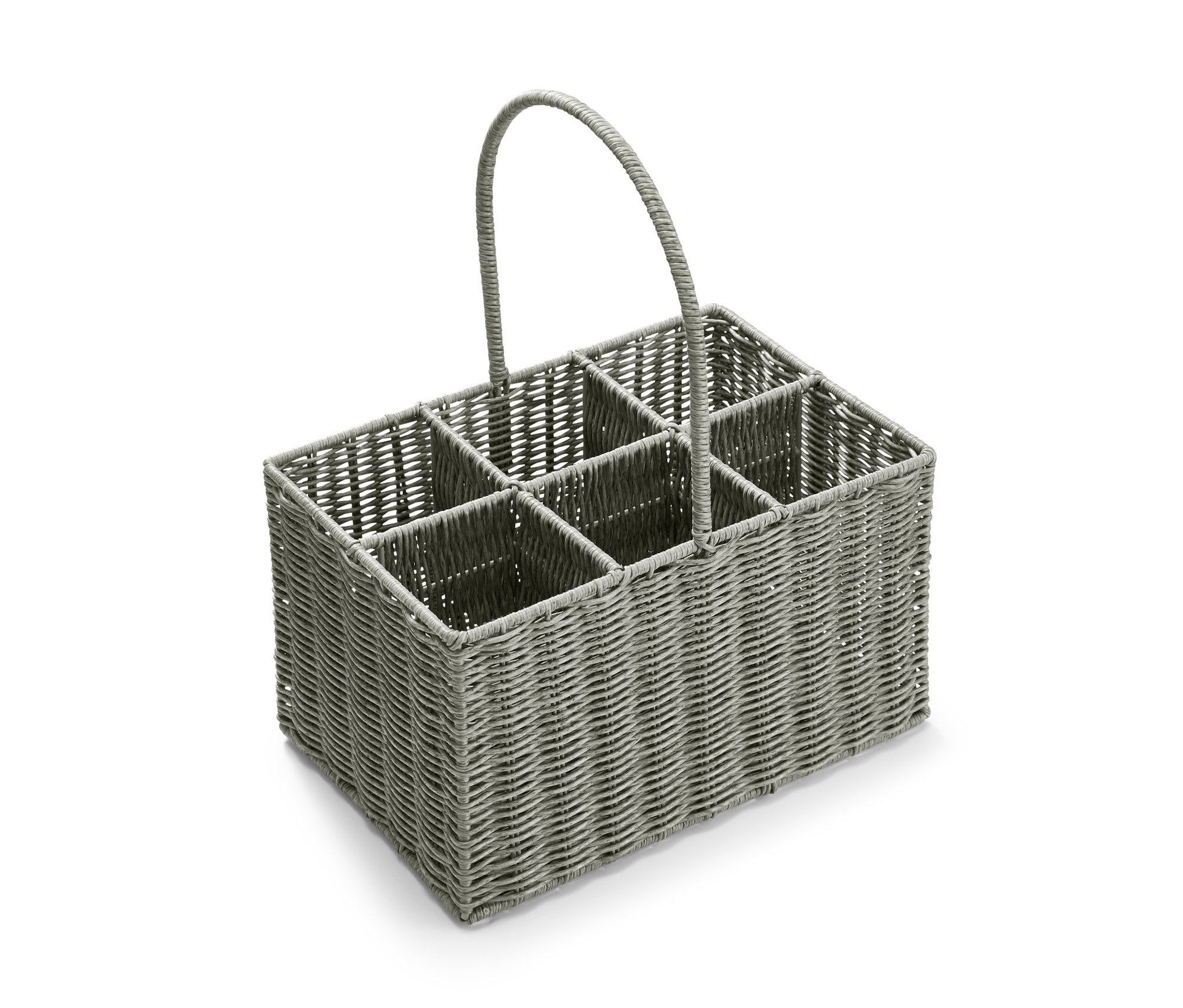 Šedý košík na nápoje se šesti přihrádkami a držadlem.