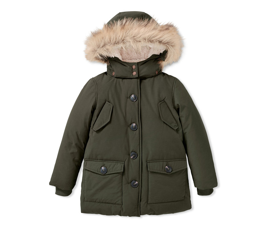 Khaki termoparka s kapucí s kožešinou a zapínáním na knoflíky.
