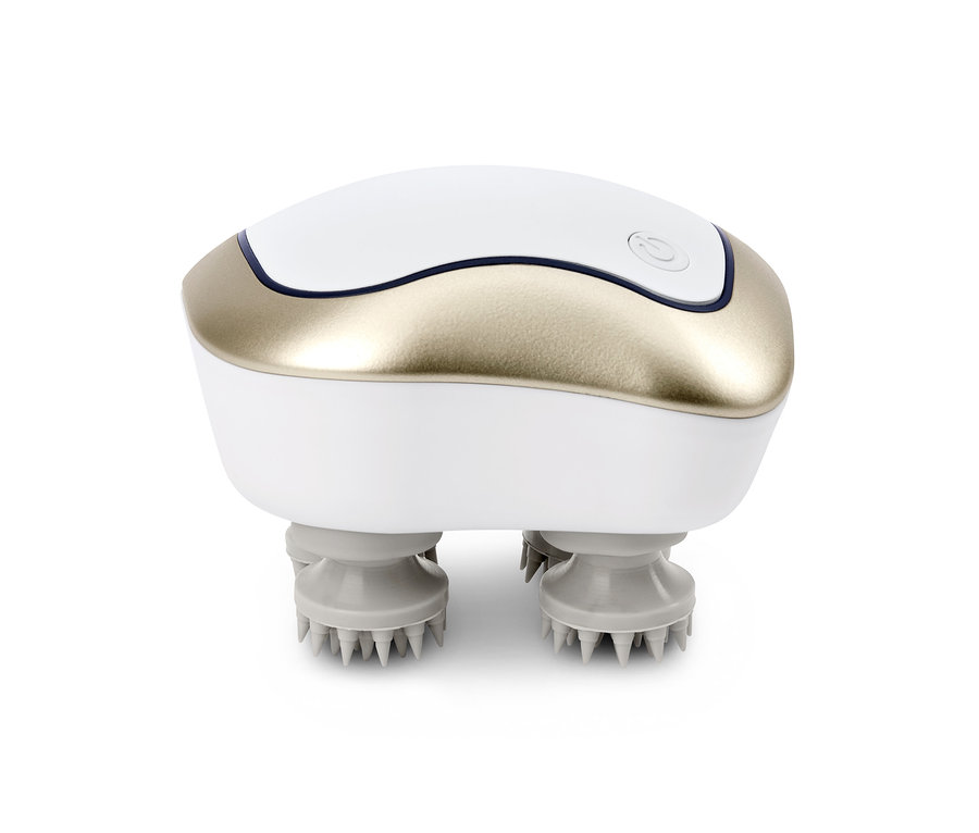 Detailní pohled na masážní přístroj, vodotěsný, s bílo-zlatým designem a masážními výstupky.