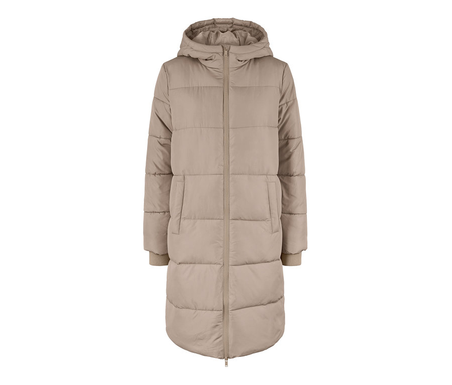 Béžový prošívaný kabát s kapucí.