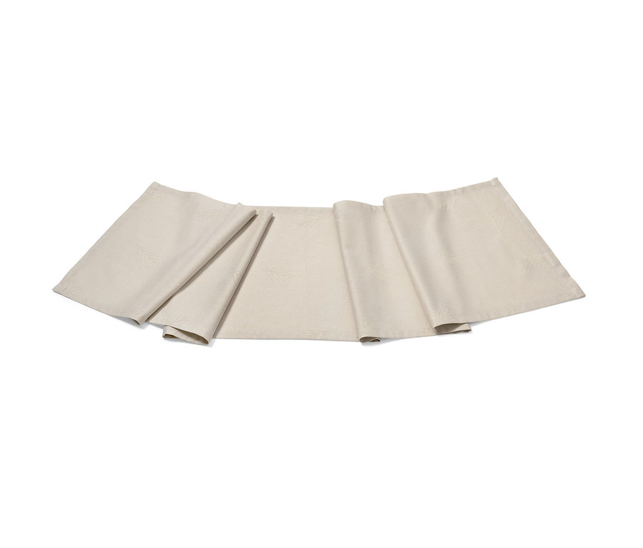 Krémově bílý žakárový běhoun na stůl leží na bílém pozadí.