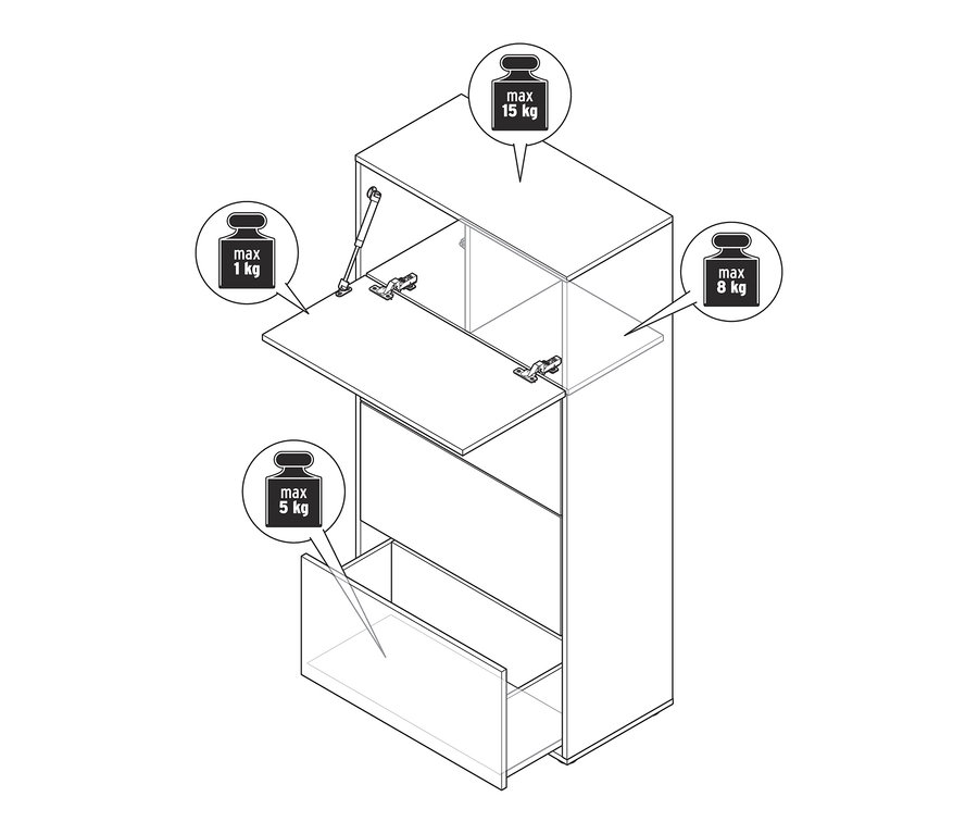 Nákres regálového modulu Flemming se zásuvkami a výklopnými dvířky, cca 75 x 150 cm.