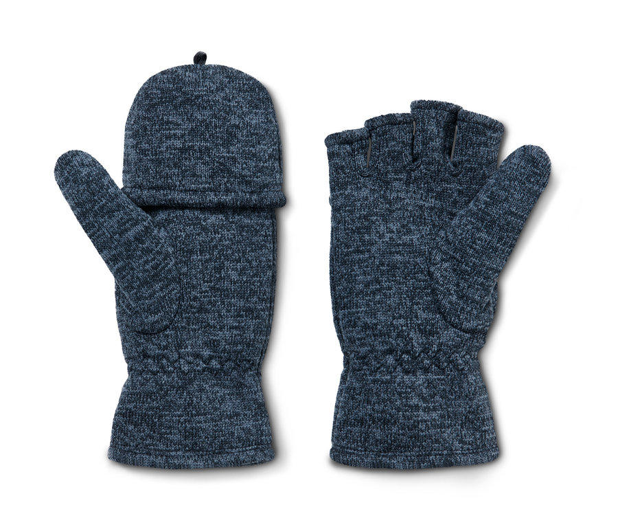 Dvě modré pletené flísové odklápěcí palčáky.