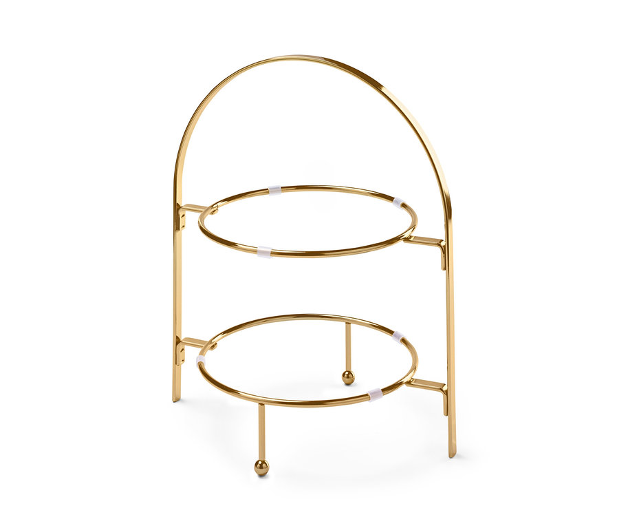 Dvoupatrový zlatý podnos na servírování.