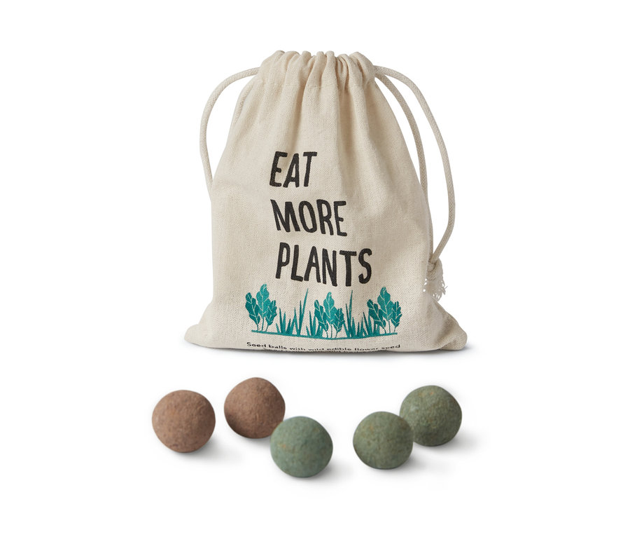 Koule se semeny bylin v praktickém sáčku a několik koulí leží před ním.