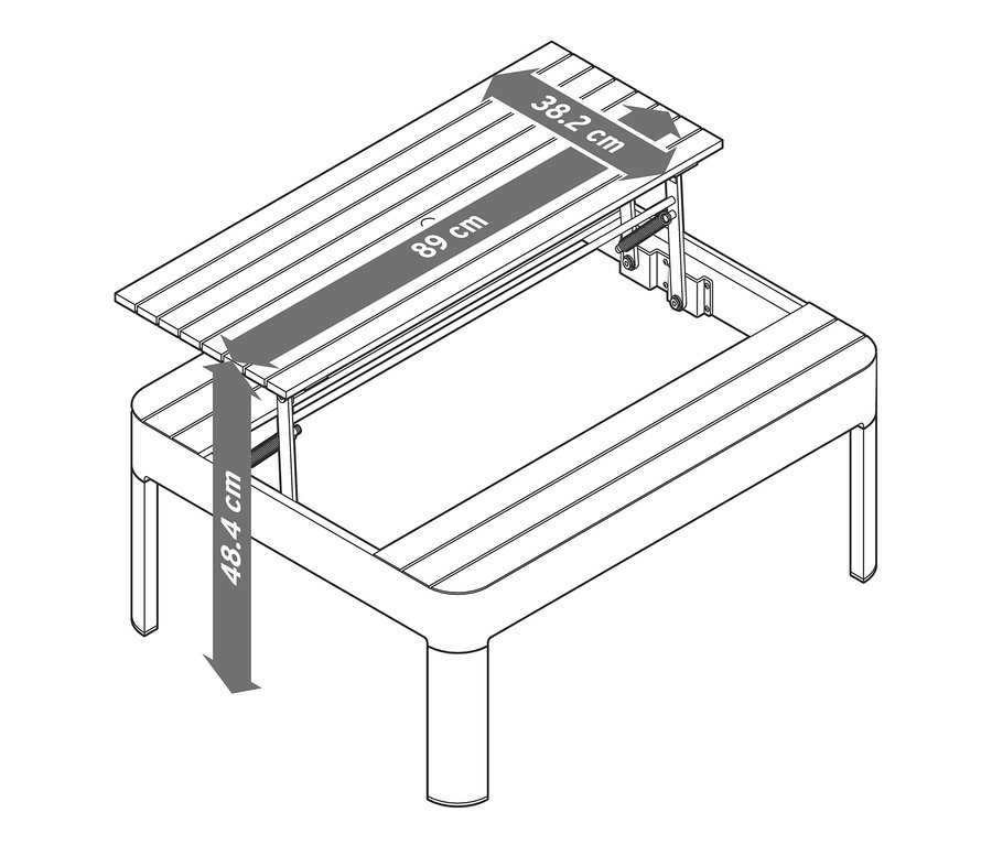 Nákres konferenčního stolku s nastavitelnou výškou, rozměry 89 cm x 38,2 cm, výška 48,4 cm.
