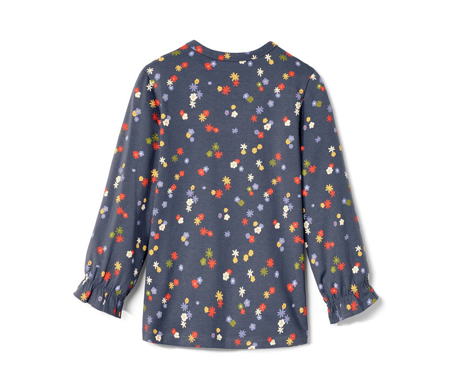 Modré tričko s dlouhým rukávem pro batolata s celoplošným květinovým potiskem.