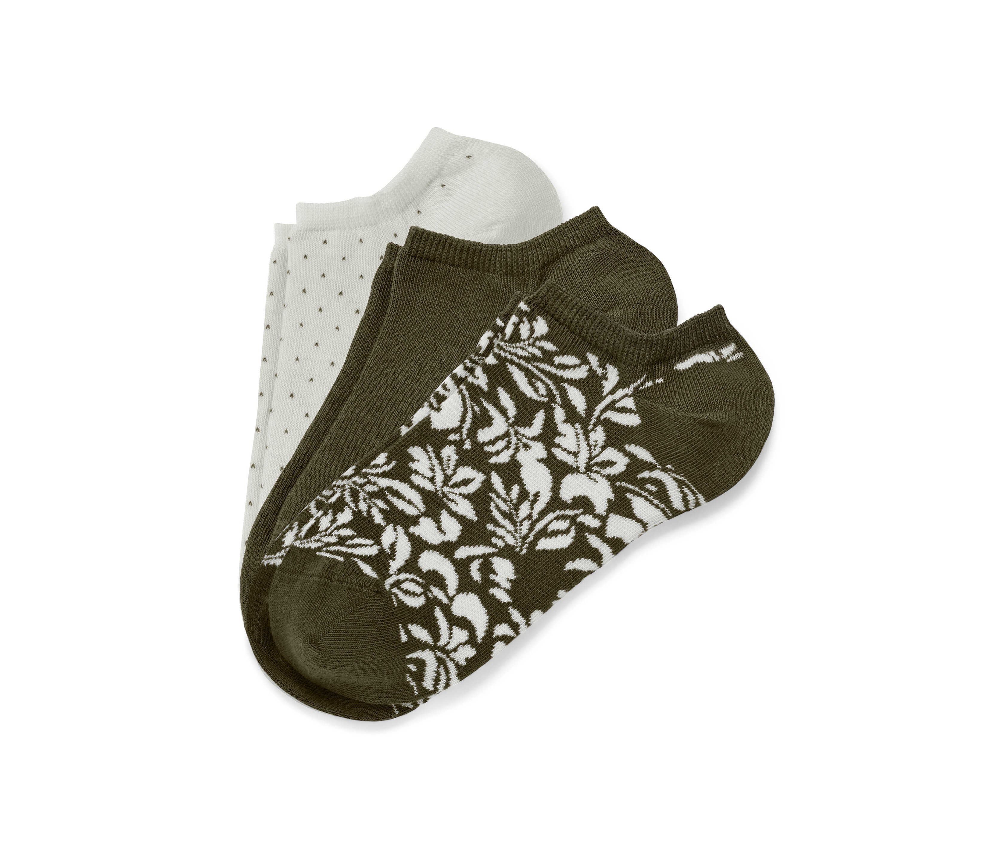 Tři páry krátkých ponožek: bílé s puntíky, olivově zelené a olivově zelené s bílým květinovým vzorem.