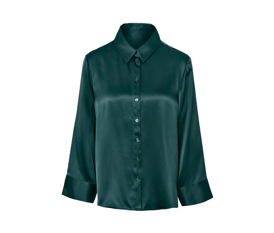 Tmavě zelený pyžamový top z čistého hedvábí s límečkem a knoflíky.