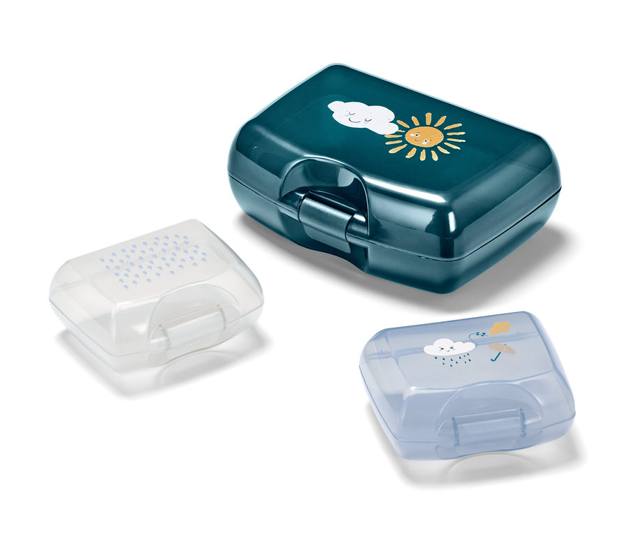 Tři dózy na svačinu s různými motivy deště.