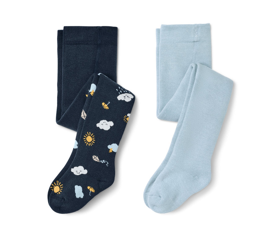 Dvoje dětské termopunčocháče: jedny tmavě modré s potiskem mráčků, slunce a deště, druhé světle modré.
