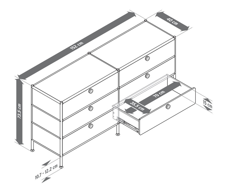 Ilustrace kovové komody »CN3« se 6 zásuvkami s otevřenou zásuvkou, rozměry.