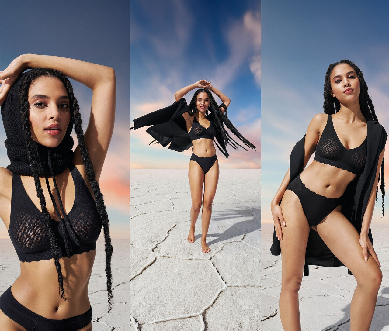 Žena nosí černou podprsenku sloggi ZERO Feel Bliss Soft bra na pozadí oblohy.