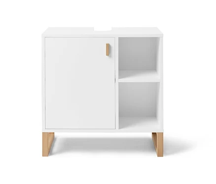 Skříňka pod umyvadlo s dvířky a bočním prostorem.