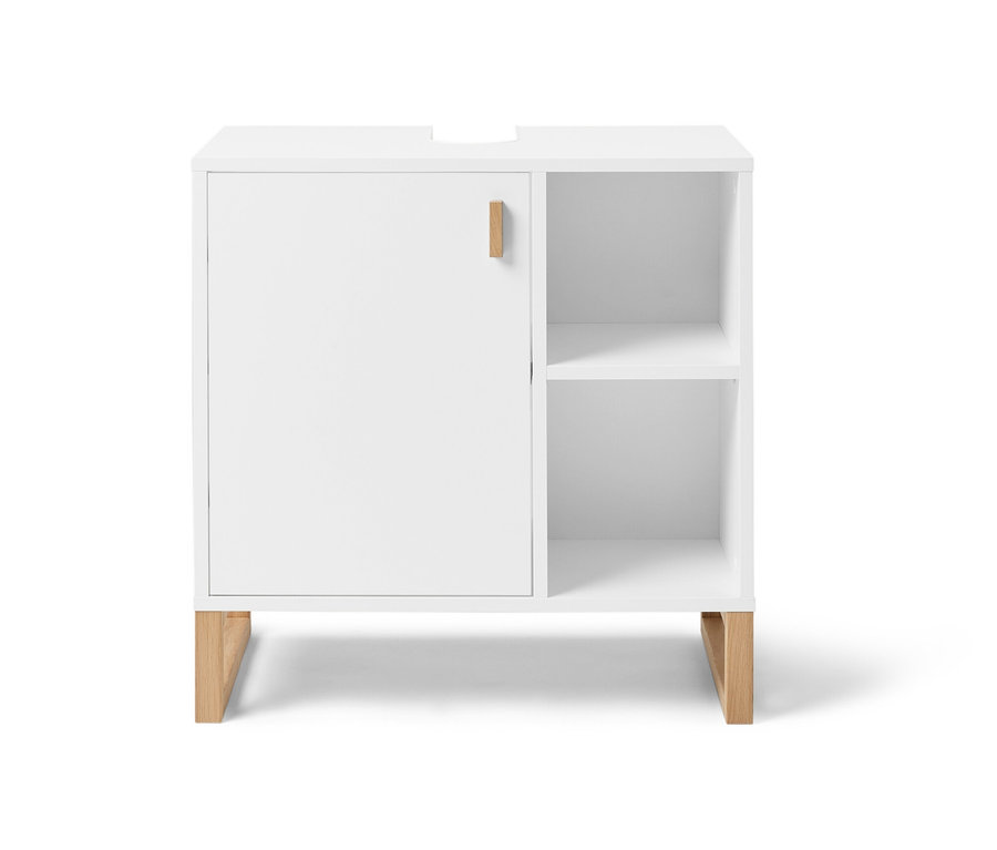 Skříňka pod umyvadlo s dvířky a bočním prostorem.