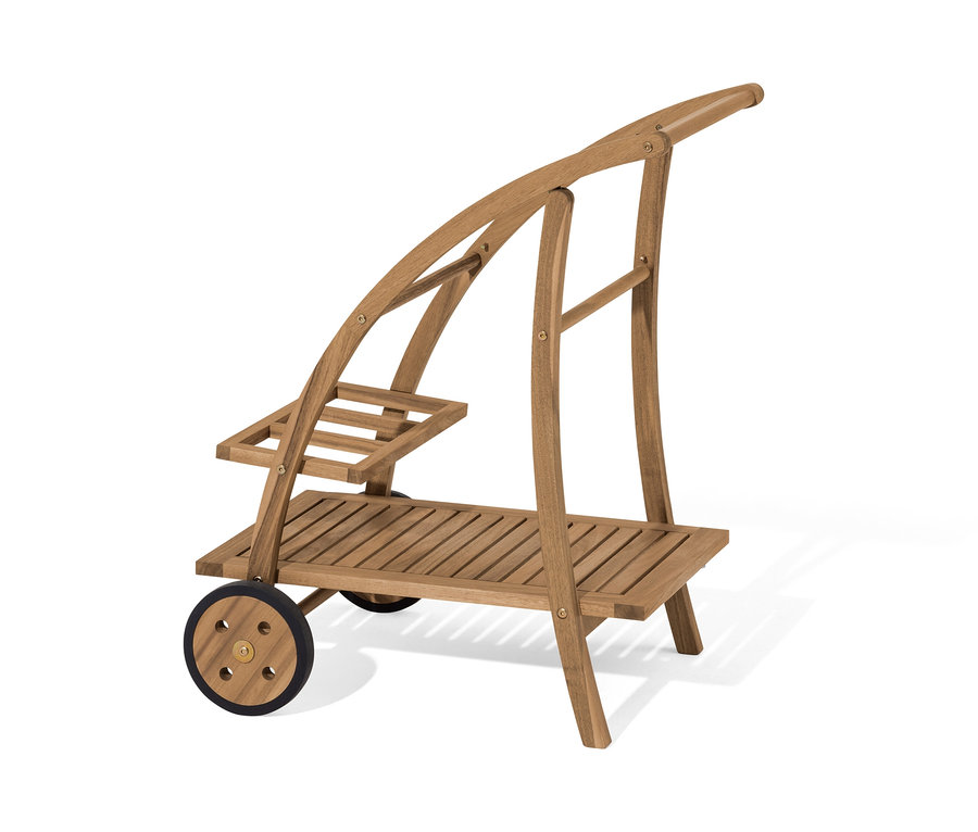 Barový vozík s odnímatelným podnosem z lehkého dřeva.