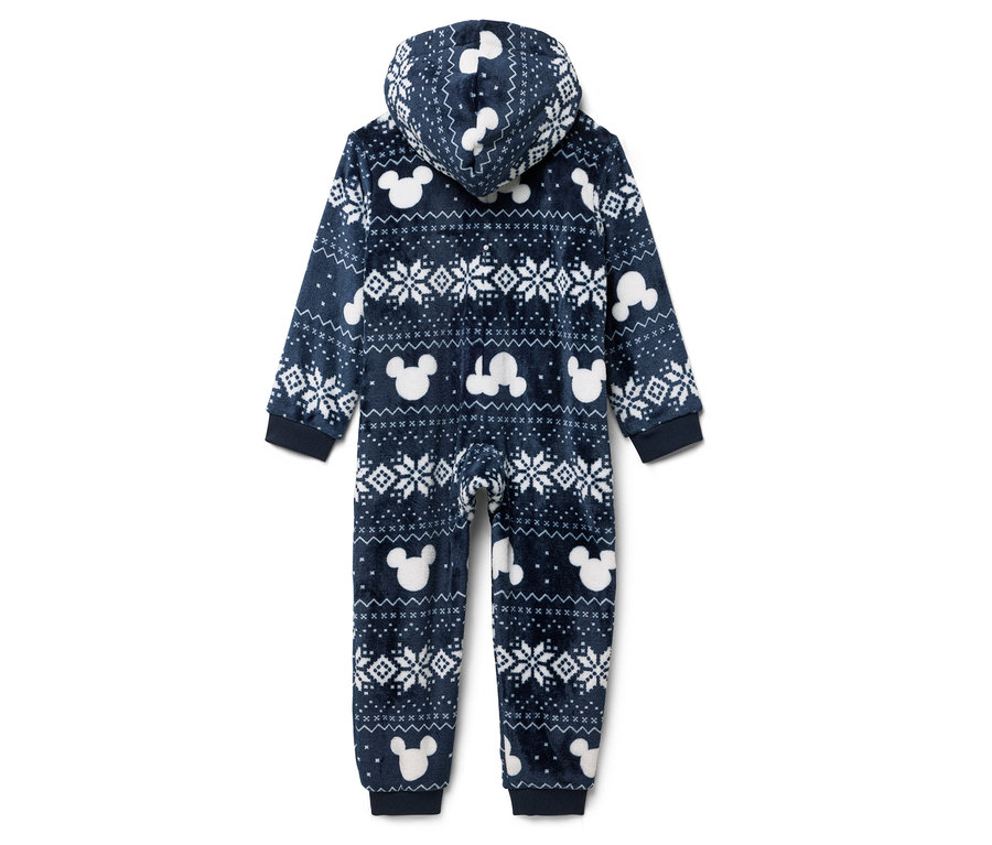 Tmavě modrý overal s kapucí, vzorem sněhových vloček a Mickey Mousem, pohled zezadu.