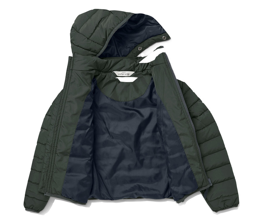 Zelená prošívaná bunda s kapucí, rozepnutá a vnitřek je tmavě modrý.