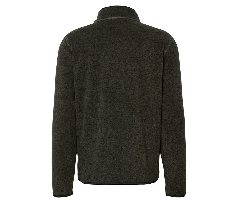 Zadní strana olivově zelené fleecové mikiny se zipem u krku.