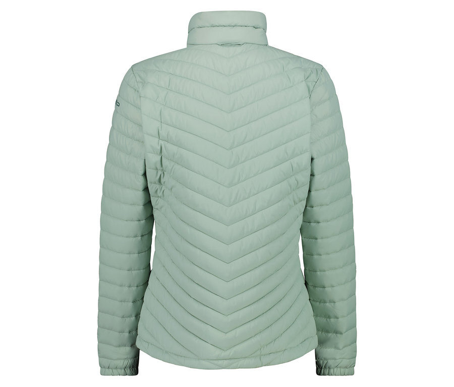 Zadní strana světle zelené prošívané bundy.