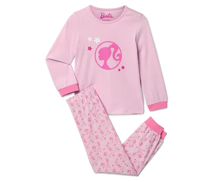 Růžové pyžamo s dlouhým rukávem a potiskem panenky Barbie.