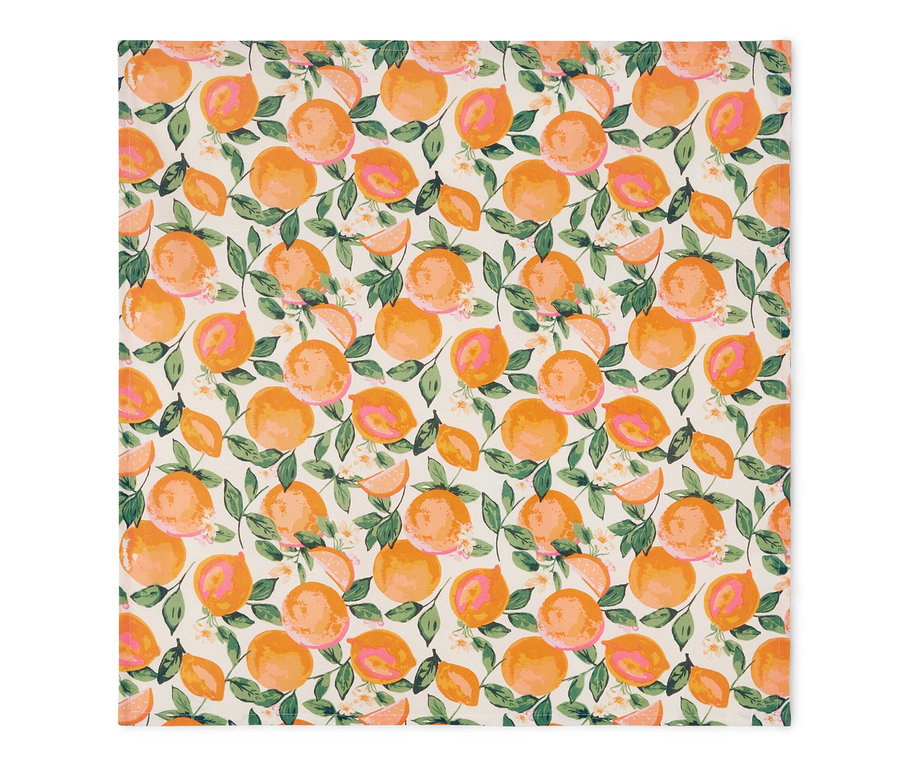 Oranžový omyvatelný ubrus s motivem citrusů, cca 90 x 90 cm.