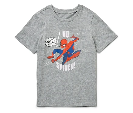Šedé tričko s krátkým rukávem s obrázkem Spidermana.