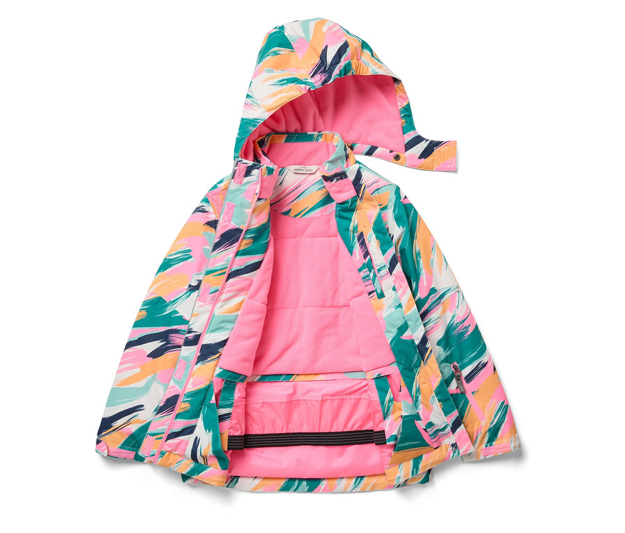 Otevřená bunda s kapucí s abstraktním barevným potiskem a růžovou podšívkou.