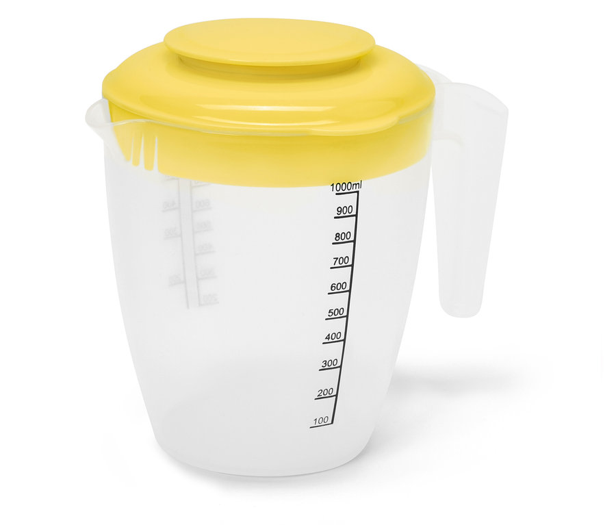 Průhledná odměrka s žlutým víkem a stupnicí objemu.