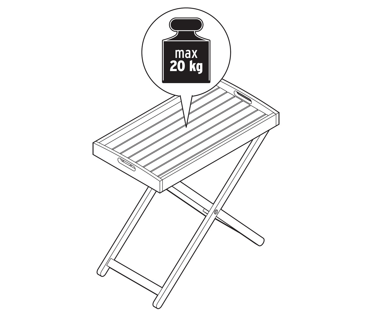 Černobílá ilustrace skládacího stolku s maximální nosností 20 kg.
