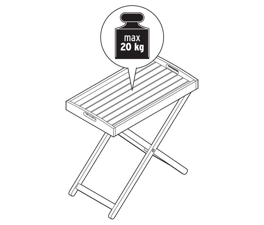 Černobílá ilustrace skládacího stolku s maximální nosností 20 kg.