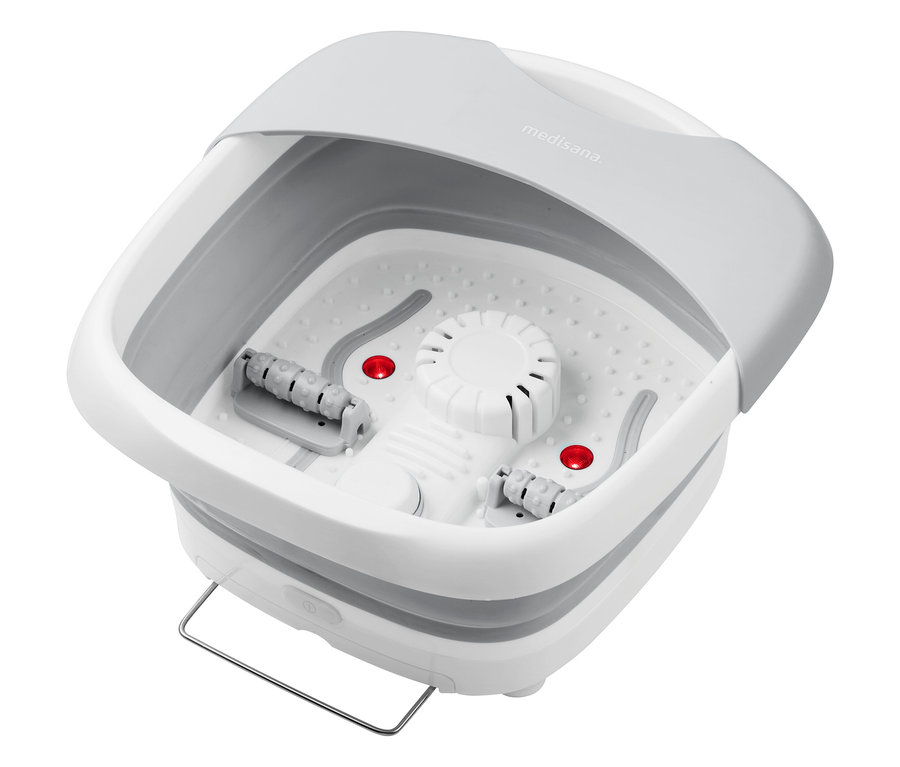 Šedo-bílá vanička na nohy Medisana s válečky.