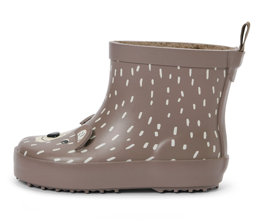 Hnědá dětská holínka s bílými tečkami a obličejem medvěda.