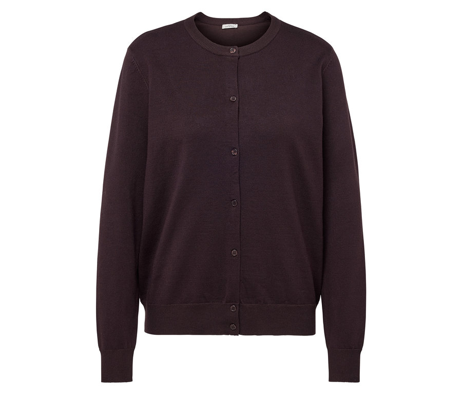 Hnědý pletený kardigan s dlouhými rukávy a knoflíky.