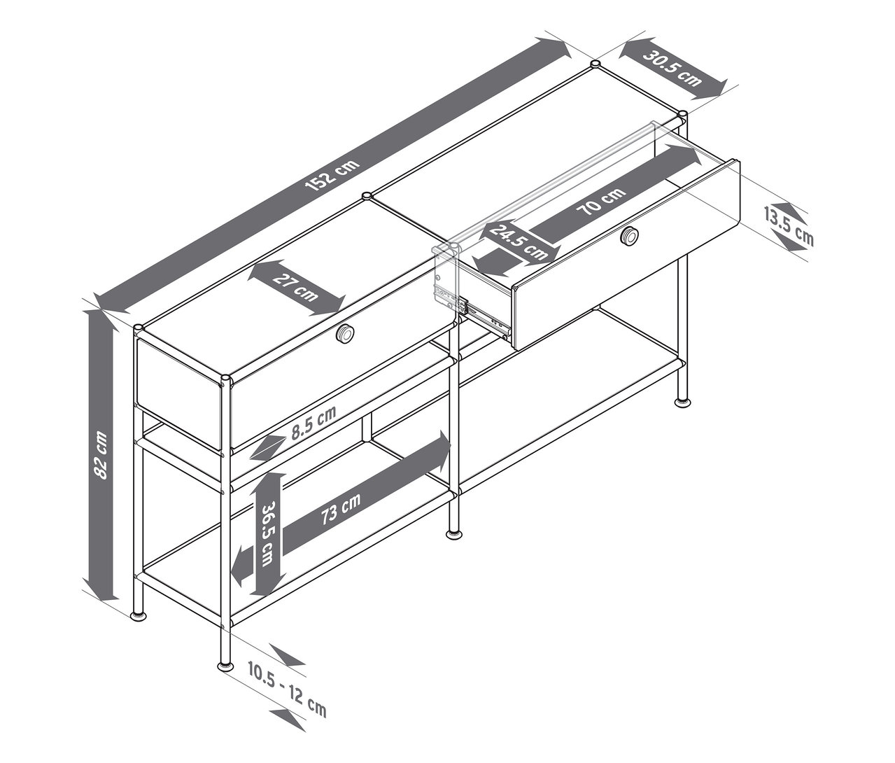 Pohled shora na kovovou konzoli »CN3 Slim Line« se dvěma zásuvkami, přičemž jedna zásuvka je otevřená. Uvedené rozměry.