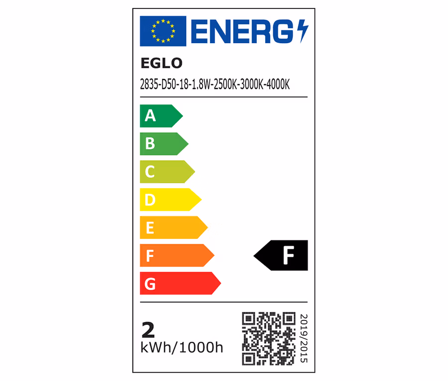 Energetický štítek LED dobíjecí stolní lampy Eglo »Mannera« s třídou energetické účinnosti F a spotřebou 2 kWh/1000h.
