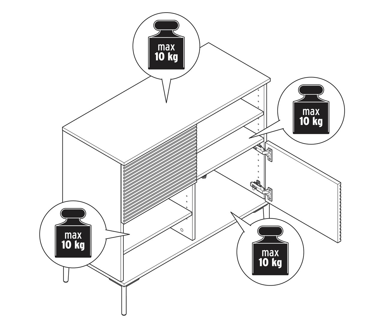 Schématický nákres odkládací skříňky »REET« v lamelovém vzhledu, částečně otevřená, s údaji o hmotnosti.