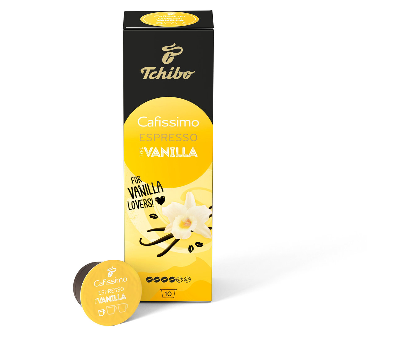 Balení Cafissimo Flavoured Espresso - Vanilla - 10 kapslí a jedna kapsle na bílém pozadí.