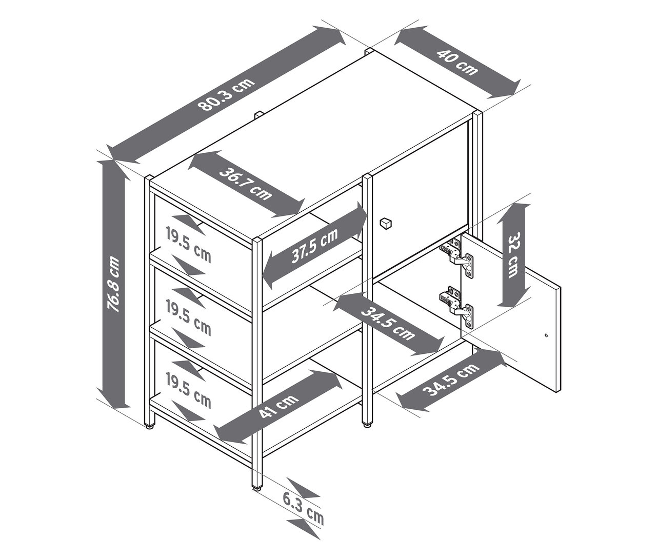 Nákres komody »GRADE« s otevřenými přihrádkami a 2 dvířky spolu s jejími rozměry.
