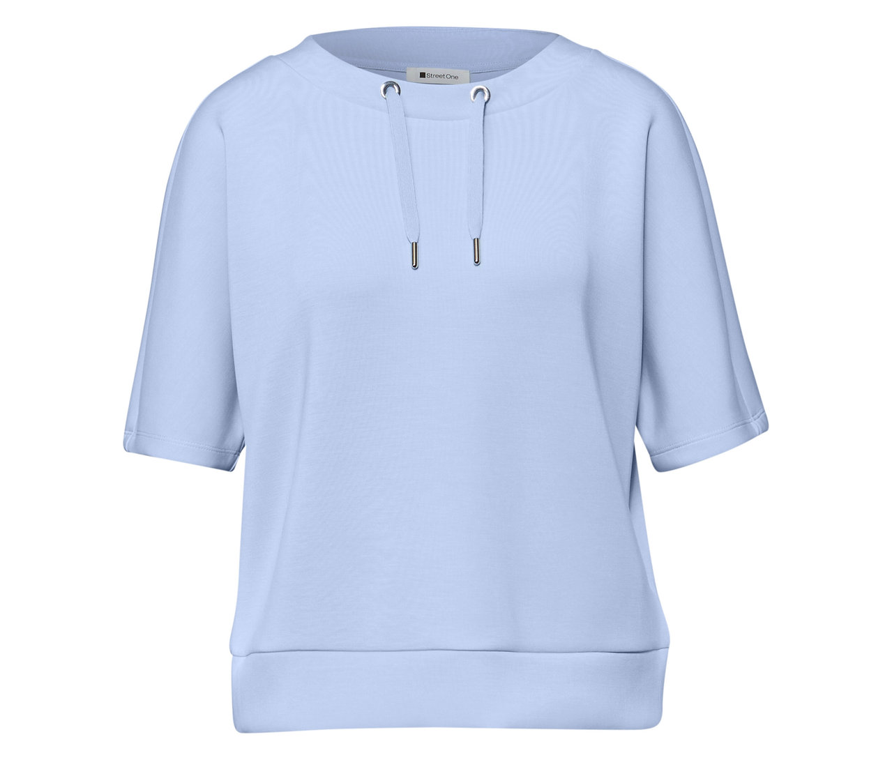 Světle modré triko Street One s krátkými rukávy a stahovací šňůrkou u výstřihu.