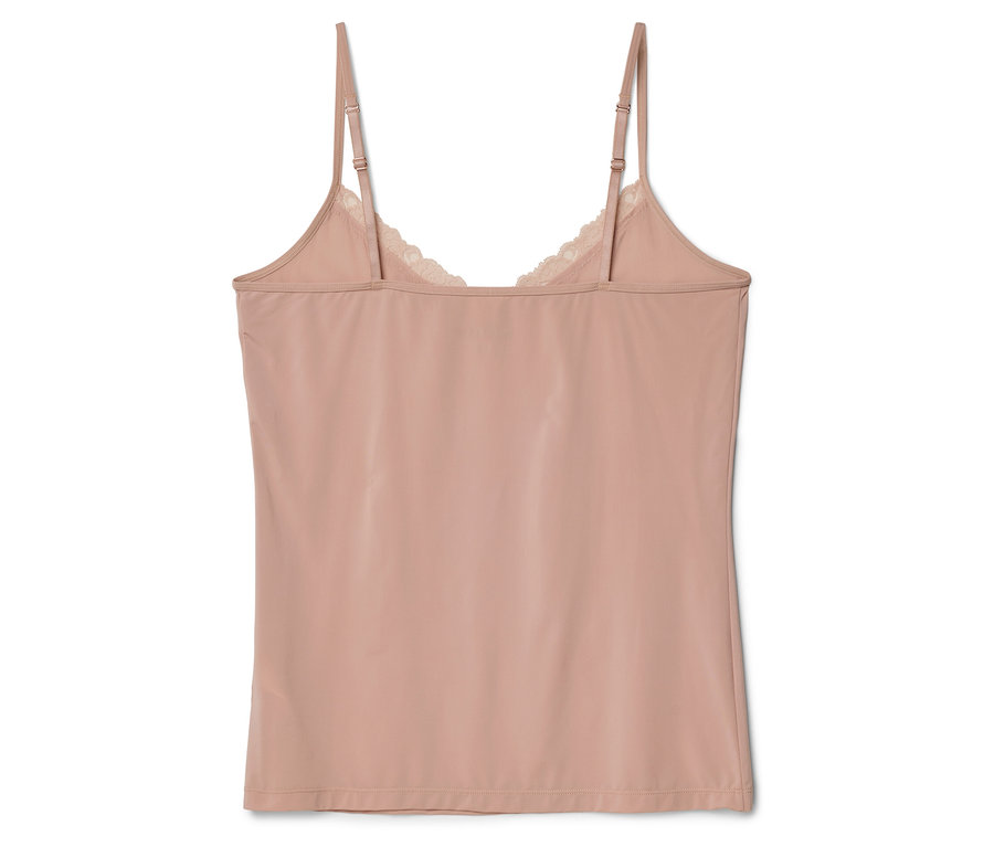 Zadní pohled na tělové tílko s krajkou na výstřihu a nastavitelnými ramínky.