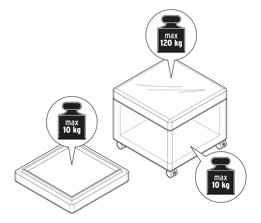 Nákres pufu na kolečkách s podnosem, přičemž maximální hmotnost na pufu je 120 kg a na podnosu 10 kg.