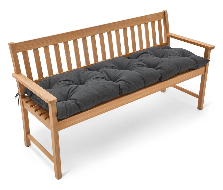 Světle hnědá dřevěná zahradní lavice s dlouhým šedým sedákem.