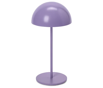 Fialová lampa s kulatým stínidlem a podstavou.