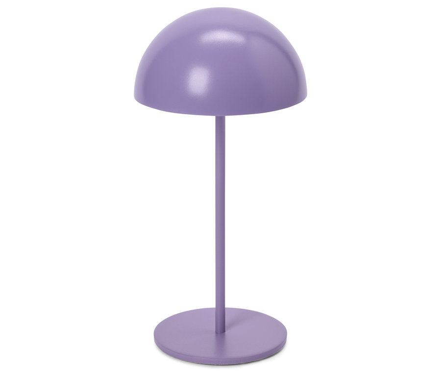 Fialová lampa s kulatým stínidlem a podstavou.
