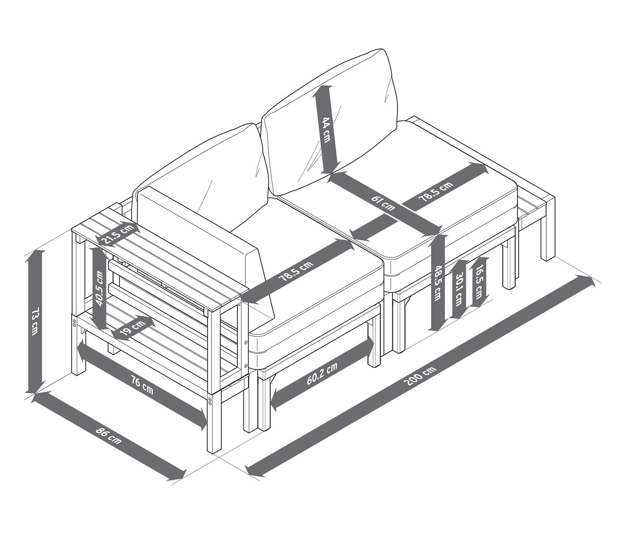 Obrázek zahradní pohovky se samostatně výsuvnými podnožkami a rozměry.