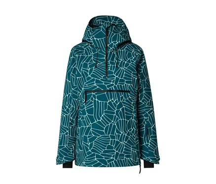 Tyrkysová bunda anorak s kapucí, s bílým abstraktním geometrickým vzorem, polovičním zipem vpředu, horizontální kapsou na zip na hrudi a kapsou na zip na rukávu.