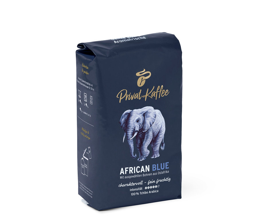 Balení zrnkové kávy Privat Kaffee African Blue s obrázkem slona.